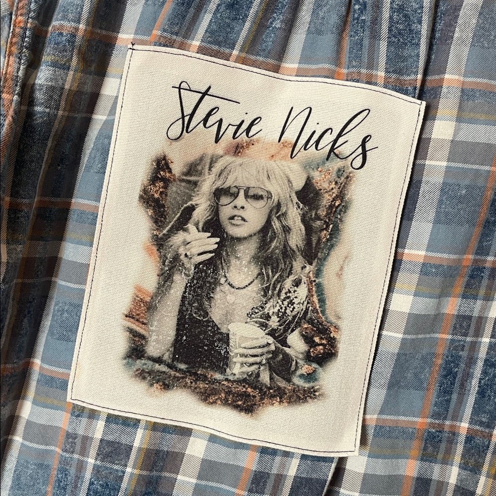 Upcycled Women’s Blue Plaid Button-Down Shirt with Stevie Nicks patch